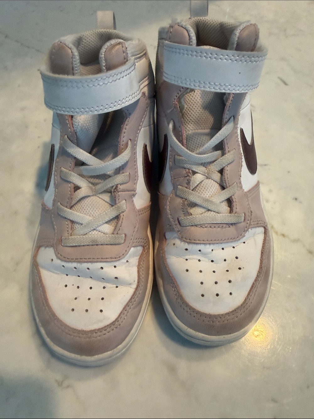 Nike Kids High-Top Sneakers in White and Light Pink with Maroon Swoosh
